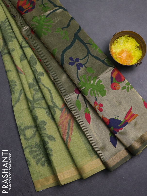 Semi linen saree light green and bottle green with allover thread weaves and paithani pallu