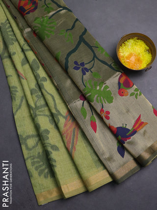 Semi linen saree light green and bottle green with allover thread weaves and paithani pallu
