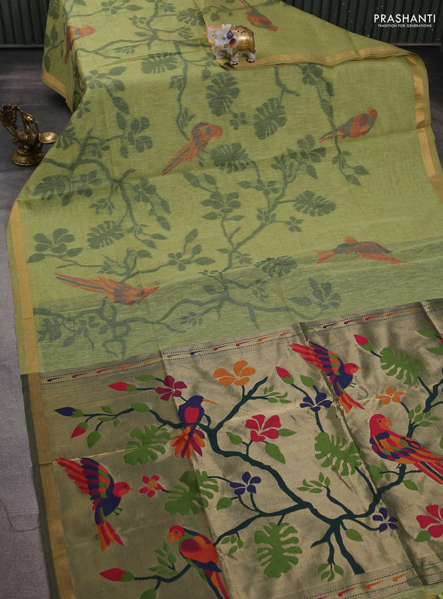 Semi linen saree light green and bottle green with allover thread weaves and paithani pallu