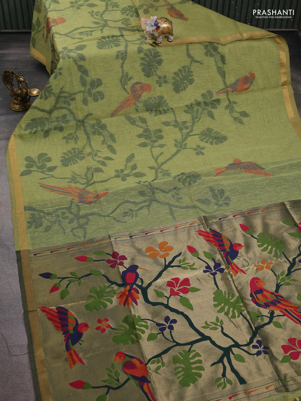 Semi linen saree light green and bottle green with allover thread weaves and paithani pallu