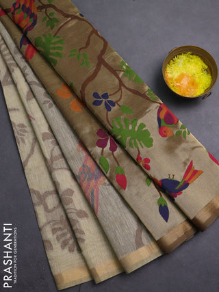 Semi linen saree beige and brown with allover thread weaves and paithani pallu