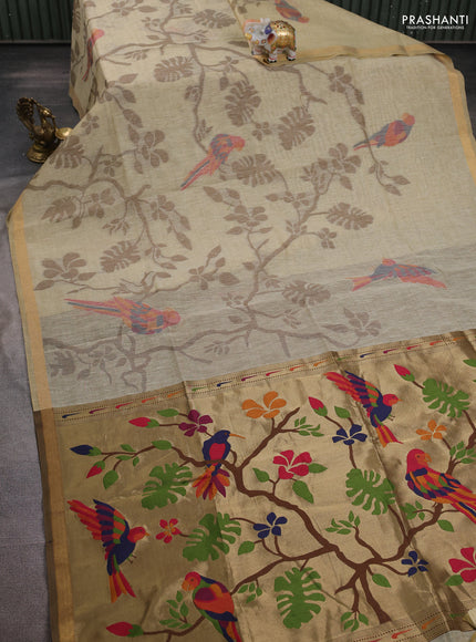 Semi linen saree beige and brown with allover thread weaves and paithani pallu