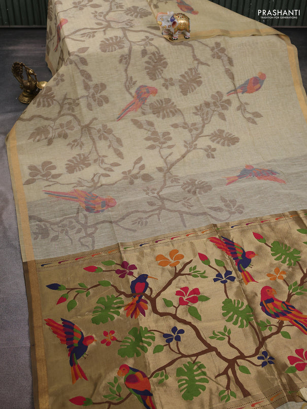 Semi linen saree beige and brown with allover thread weaves and paithani pallu