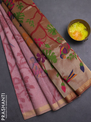 Semi linen saree peach pink and maroon with allover thread weaves and paithani pallu