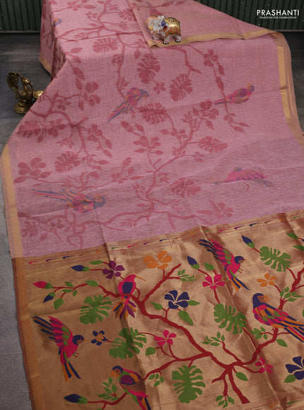 Semi linen saree peach pink and maroon with allover thread weaves and paithani pallu
