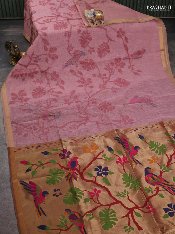 Semi linen saree peach pink and maroon with allover thread weaves and paithani pallu