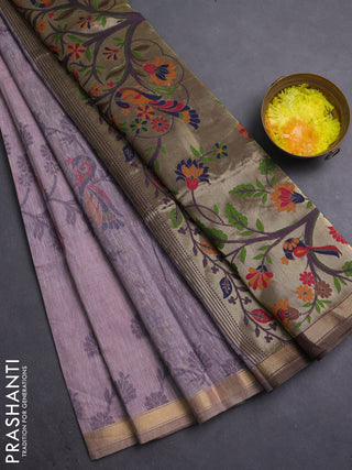 Semi linen saree pastel pink and purple shade with allover thread weaves and paithani pallu
