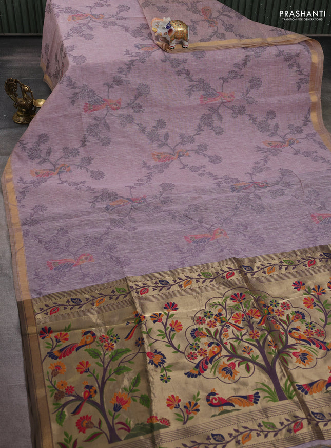 Semi linen saree pastel pink and purple shade with allover thread weaves and paithani pallu