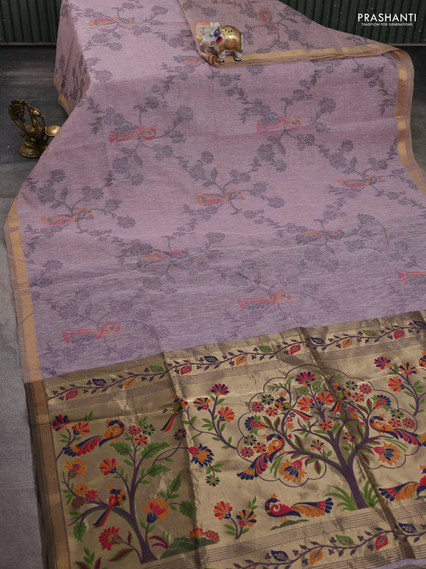 Semi linen saree pastel pink and purple shade with allover thread weaves and paithani pallu