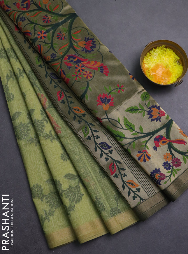 Semi linen saree light green and bottle green with allover thread weaves and paithani pallu