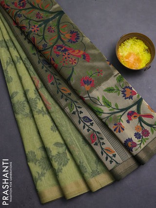 Semi linen saree light green and bottle green with allover thread weaves and paithani pallu