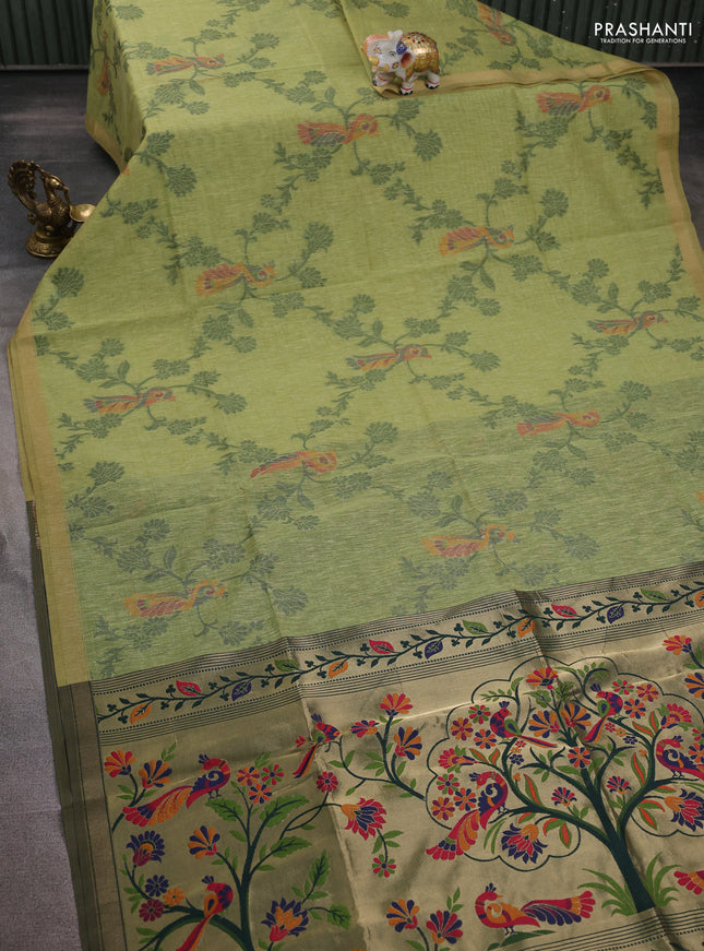 Semi linen saree light green and bottle green with allover thread weaves and paithani pallu