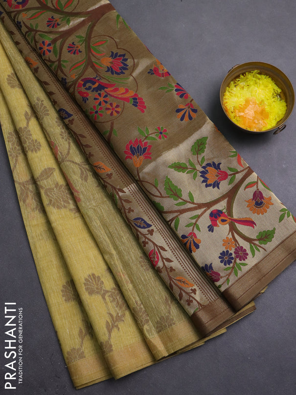 Semi linen saree sandal and brown with allover thread weaves and paithani pallu
