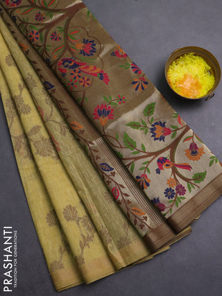 Semi linen saree sandal and brown with allover thread weaves and paithani pallu