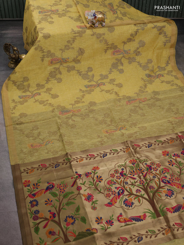 Semi linen saree sandal and brown with allover thread weaves and paithani pallu