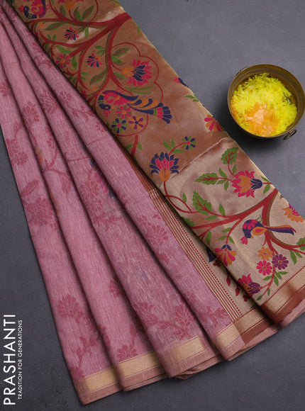 Semi linen saree peach pink and maroon with allover thread weaves and paithani pallu