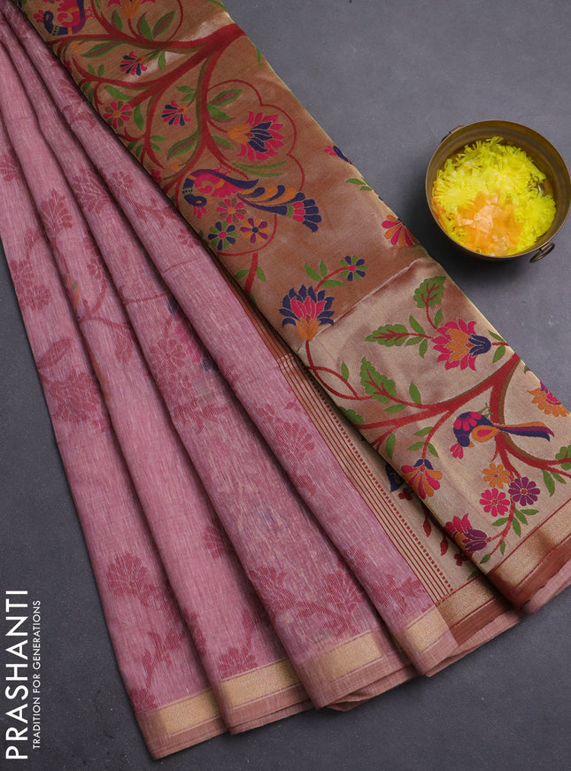 Semi linen saree peach pink and maroon with allover thread weaves and paithani pallu