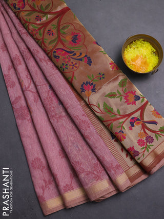 Semi linen saree peach pink and maroon with allover thread weaves and paithani pallu