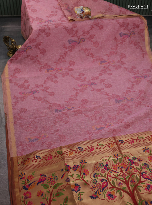 Semi linen saree peach pink and maroon with allover thread weaves and paithani pallu