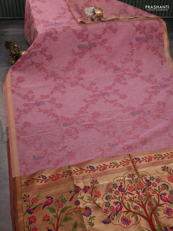 Semi linen saree peach pink and maroon with allover thread weaves and paithani pallu