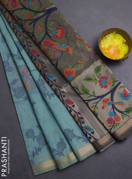 Semi linen saree teal blue and navy blue with allover thread weaves and paithani pallu