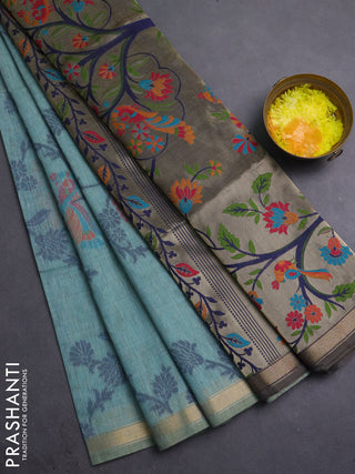 Semi linen saree teal blue and navy blue with allover thread weaves and paithani pallu