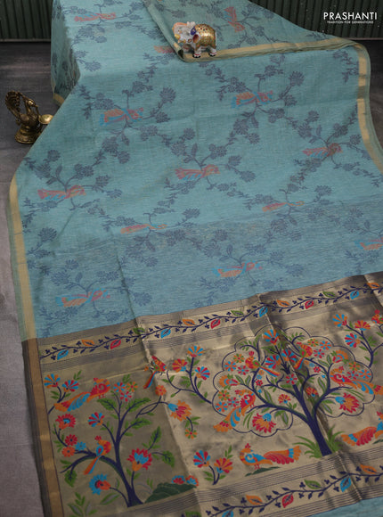 Semi linen saree teal blue and navy blue with allover thread weaves and paithani pallu