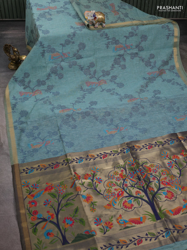 Semi linen saree teal blue and navy blue with allover thread weaves and paithani pallu