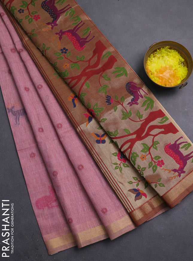 Semi linen saree peach pink and maroon with allover thread woven buttas and paithani pallu
