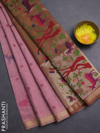 Semi linen saree peach pink and maroon with allover thread woven buttas and paithani pallu