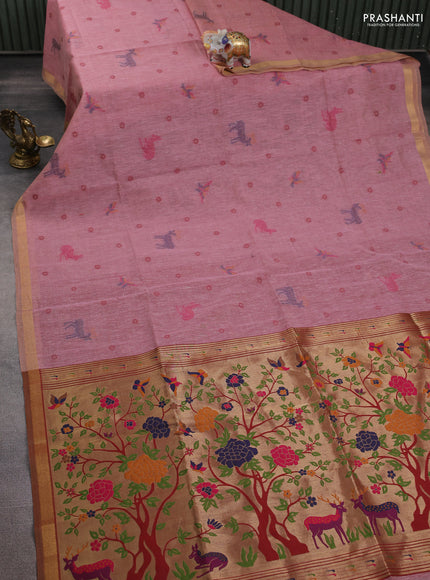 Semi linen saree peach pink and maroon with allover thread woven buttas and paithani pallu