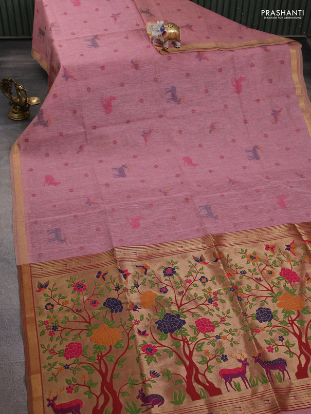 Semi linen saree peach pink and maroon with allover thread woven buttas and paithani pallu