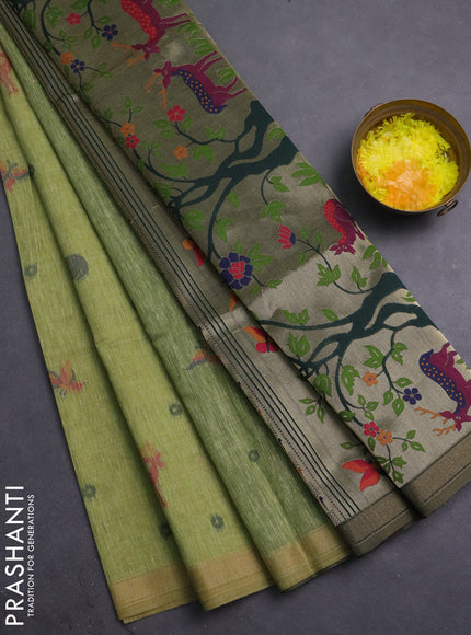 Semi linen saree light green and bottle green with allover thread woven buttas and paithani pallu