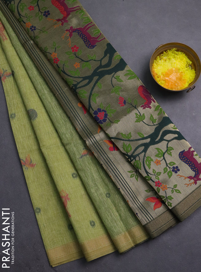 Semi linen saree light green and bottle green with allover thread woven buttas and paithani pallu