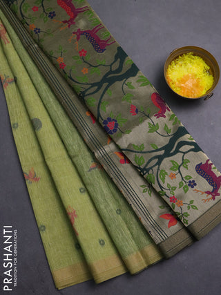 Semi linen saree light green and bottle green with allover thread woven buttas and paithani pallu