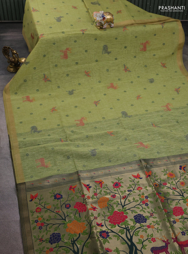 Semi linen saree light green and bottle green with allover thread woven buttas and paithani pallu
