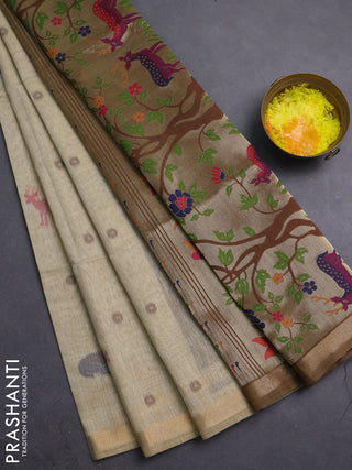 Semi linen saree beige and brown with allover thread woven buttas and paithani pallu