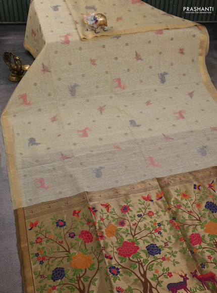 Semi linen saree beige and brown with allover thread woven buttas and paithani pallu