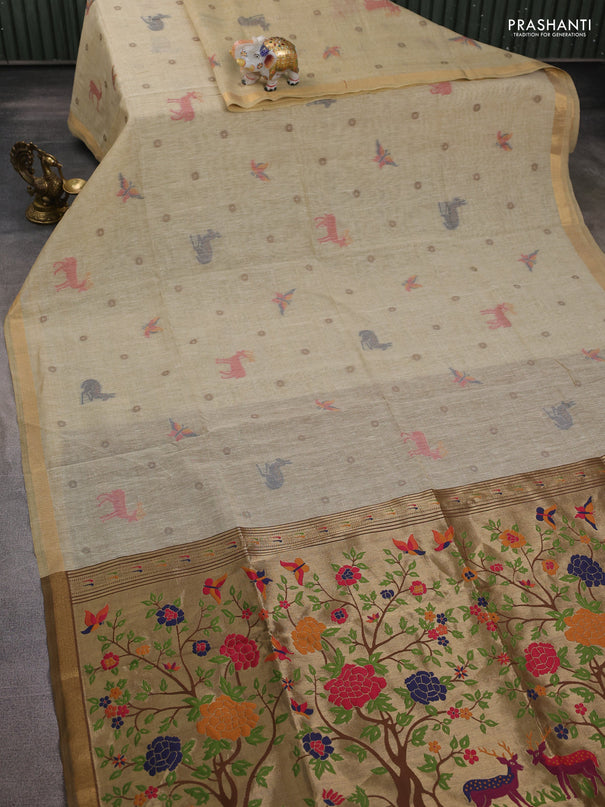 Semi linen saree beige and brown with allover thread woven buttas and paithani pallu