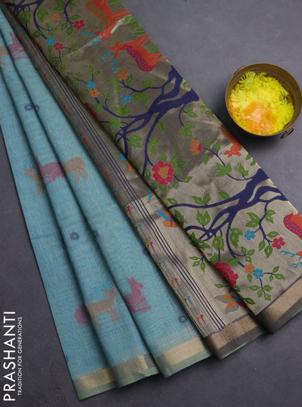 Semi linen saree teal blue and navy blue with allover thread woven buttas and paithani pallu