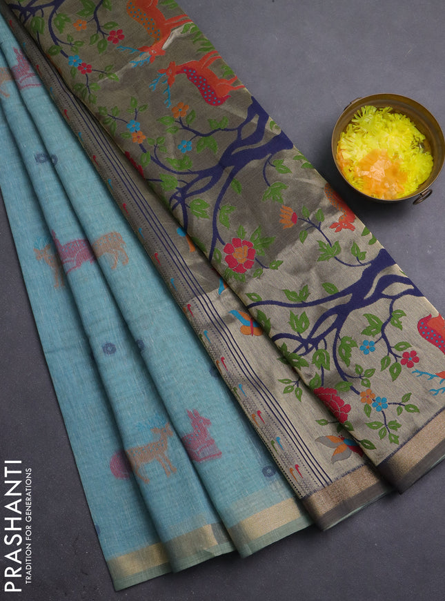 Semi linen saree teal blue and navy blue with allover thread woven buttas and paithani pallu