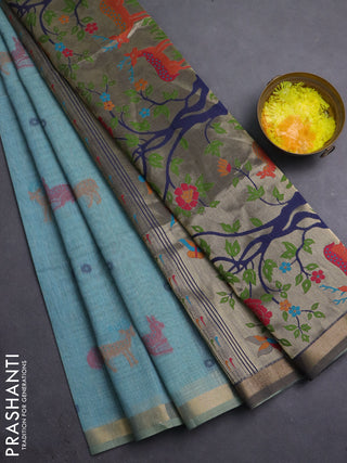 Semi linen saree teal blue and navy blue with allover thread woven buttas and paithani pallu