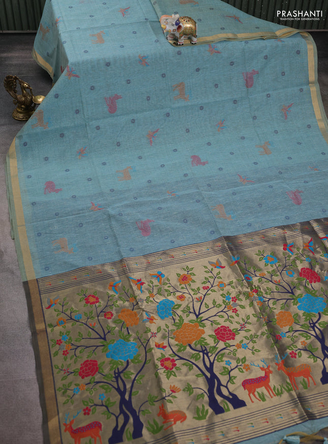 Semi linen saree teal blue and navy blue with allover thread woven buttas and paithani pallu