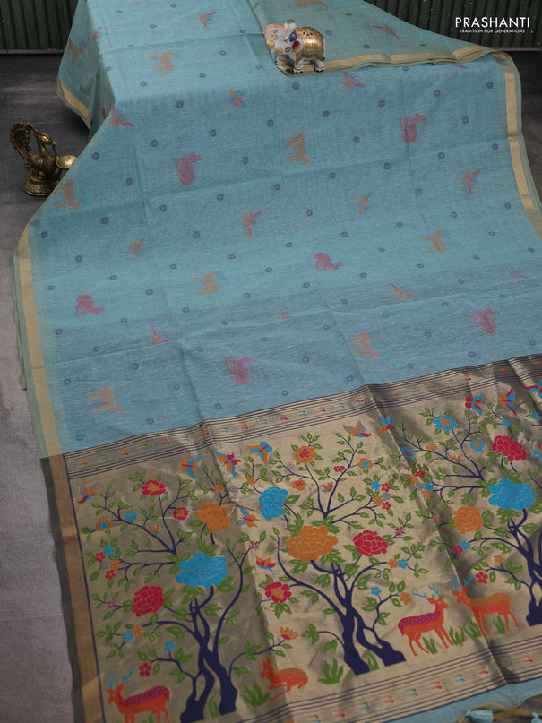 Semi linen saree teal blue and navy blue with allover thread woven buttas and paithani pallu