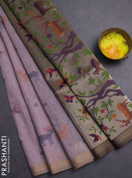 Semi linen saree pastel pink and purple shade with allover thread woven buttas and paithani pallu