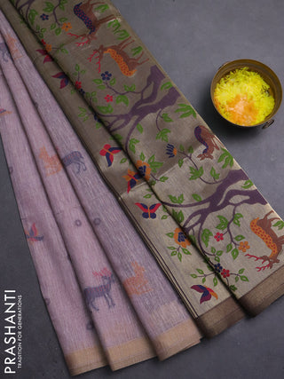 Semi linen saree pastel pink and purple shade with allover thread woven buttas and paithani pallu