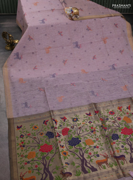 Semi linen saree pastel pink and purple shade with allover thread woven buttas and paithani pallu