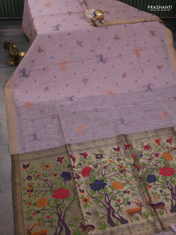 Semi linen saree pastel pink and purple shade with allover thread woven buttas and paithani pallu