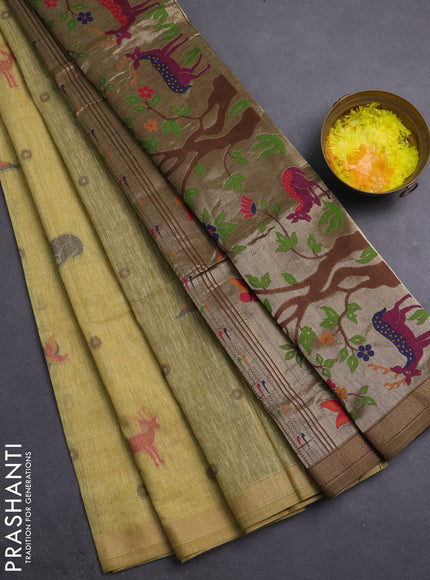 Semi linen saree sandal and brown with allover thread woven buttas and paithani pallu