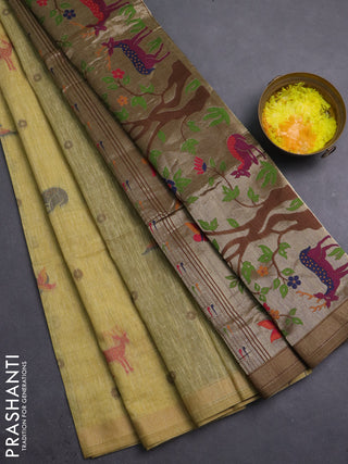 Semi linen saree sandal and brown with allover thread woven buttas and paithani pallu